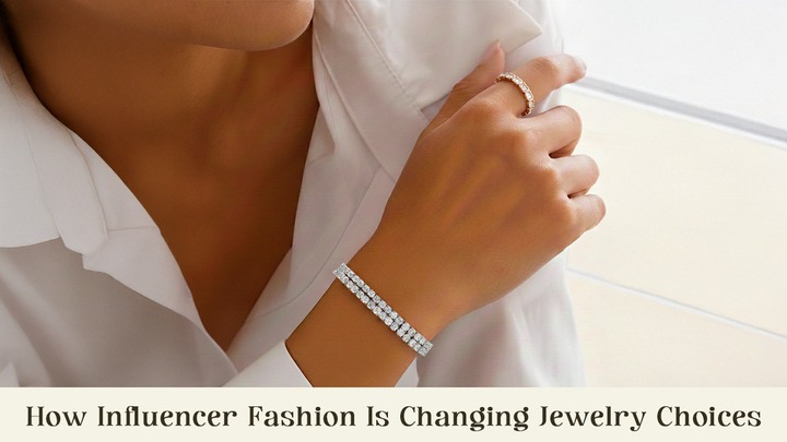 Influencer fashion jewelry showcasing a lab grown diamond bracelet and minimalist wedding band