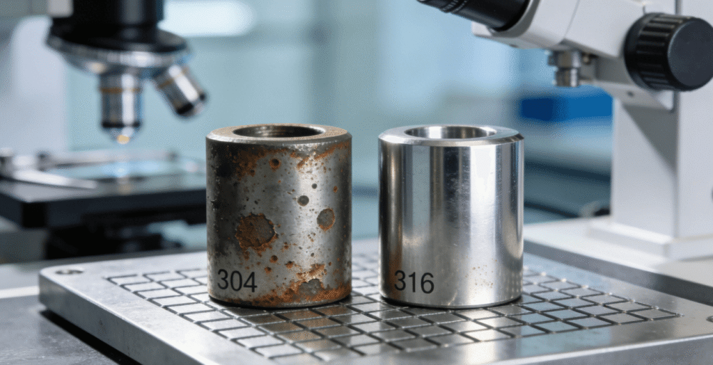 Side-by-side comparison of 304 and 316 stainless steel CNC machined parts after corrosion testing, demonstrating 316's superior performance for harsh environments like aerospace and medical applications.