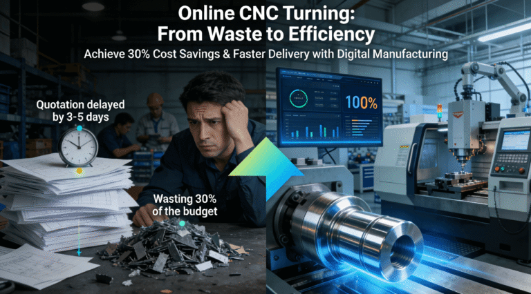 Comparison diagram showing traditional precision manufacturing problems (manual delays, 30% waste) versus digital online CNC turning solutions (instant quoting, automated efficiency) in an industrial setting