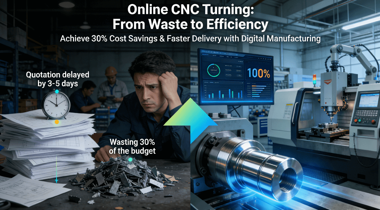 Comparison diagram showing traditional precision manufacturing problems (manual delays, 30% waste) versus digital online CNC turning solutions (instant quoting, automated efficiency) in an industrial setting