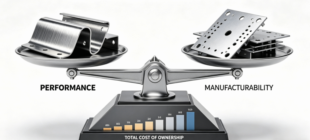 Infographic comparing titanium vs. steel for sheet metal fabrication, showing a scale balancing Performance (titanium part) vs. Manufacturability (steel part) on a TCO (Total Cost of Ownership) base with key factors for material selection decision.