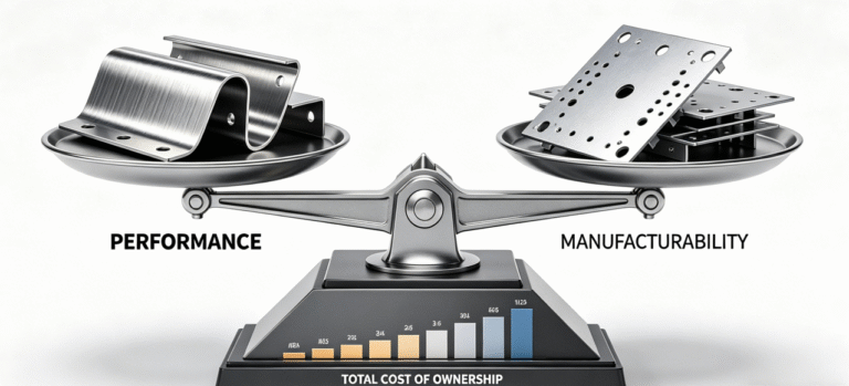 Infographic comparing titanium vs. steel for sheet metal fabrication, showing a scale balancing Performance (titanium part) vs. Manufacturability (steel part) on a TCO (Total Cost of Ownership) base with key factors for material selection decision.