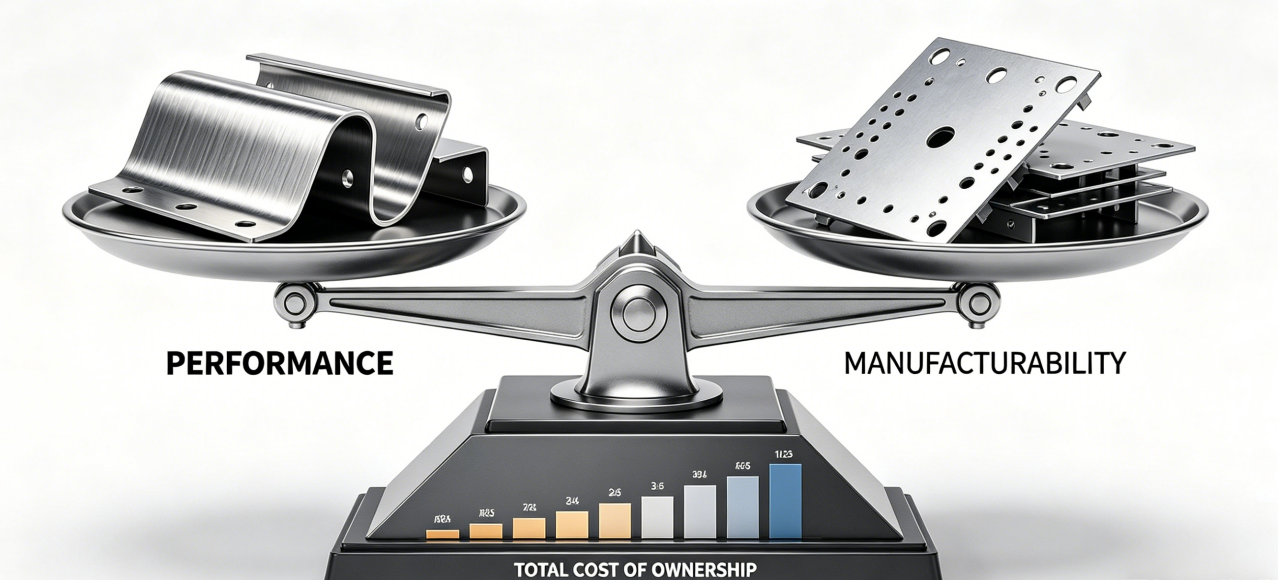 Infographic comparing titanium vs. steel for sheet metal fabrication, showing a scale balancing Performance (titanium part) vs. Manufacturability (steel part) on a TCO (Total Cost of Ownership) base with key factors for material selection decision.